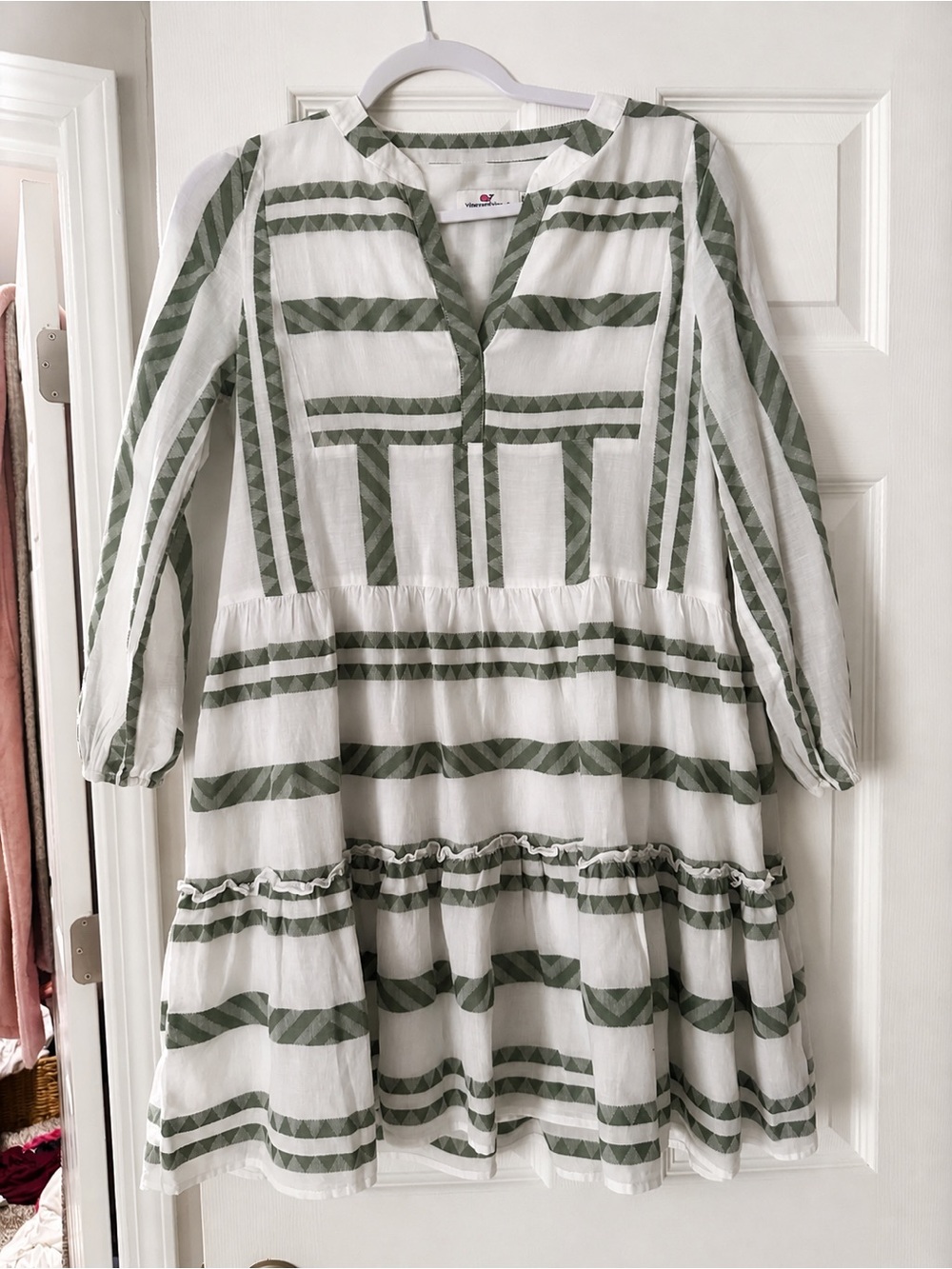 Vineyard Vines White Dress with Olive Green Stripes